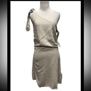 ASOS Design Linen Blend Off The Shoulder Beige Mini Dress